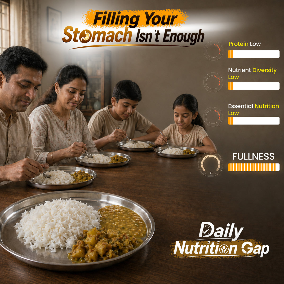 Family eating a meal in a DHA PRO MAX Protein Powder graphic about daily nutrition gaps