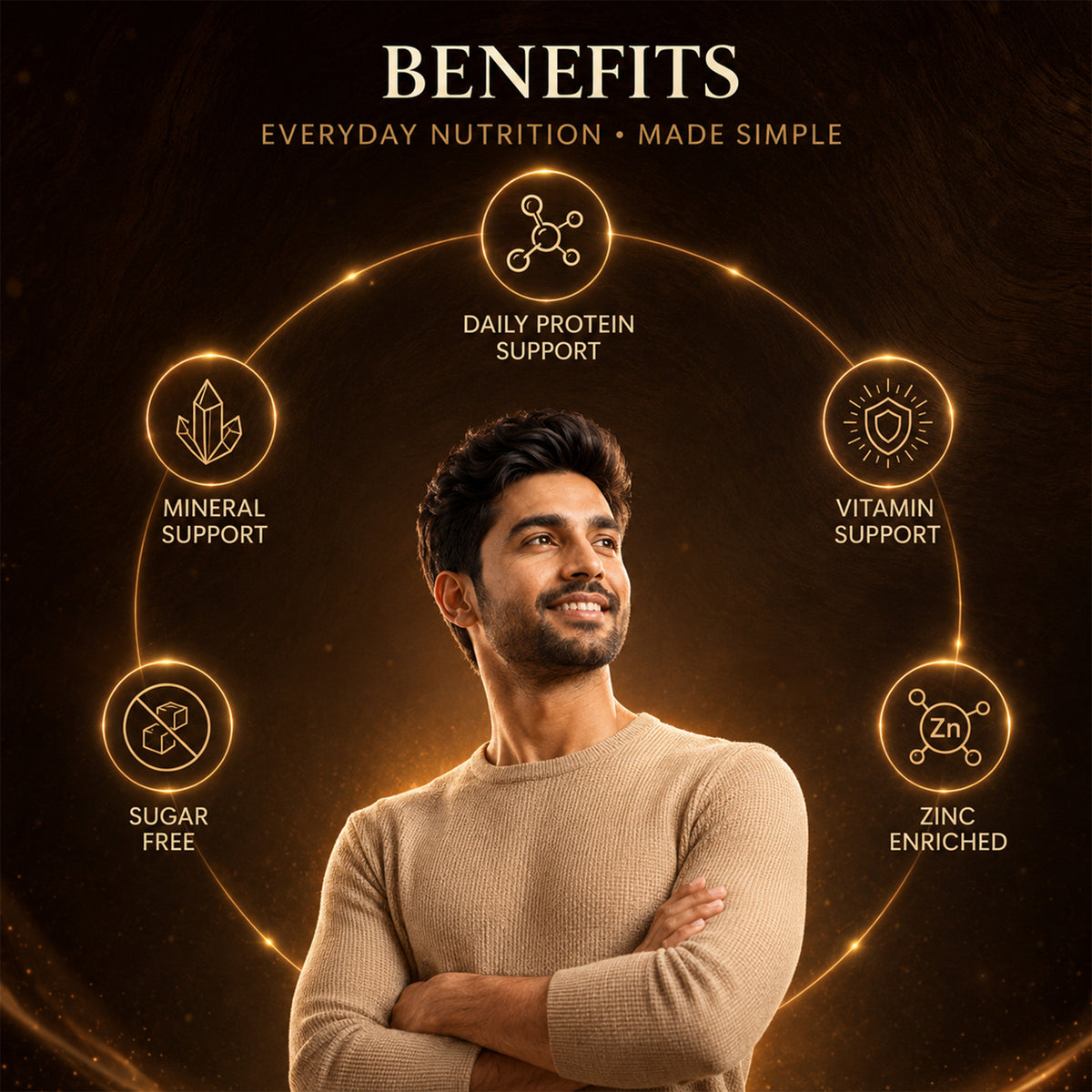 DHA PRO MAX Protein Powder benefits graphic with a man and daily nutrition highlights